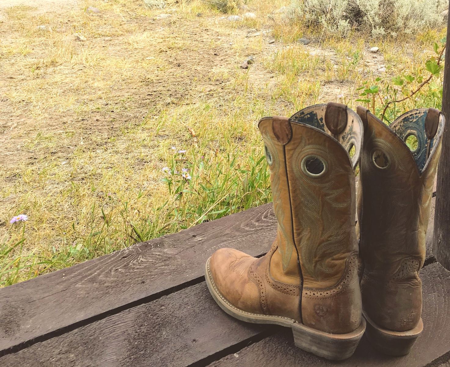 Pair of tan cowboy boots sitting on porch